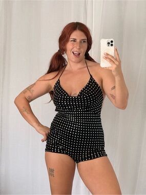 Black Polka Dot Halter One-Piece Swim Romper